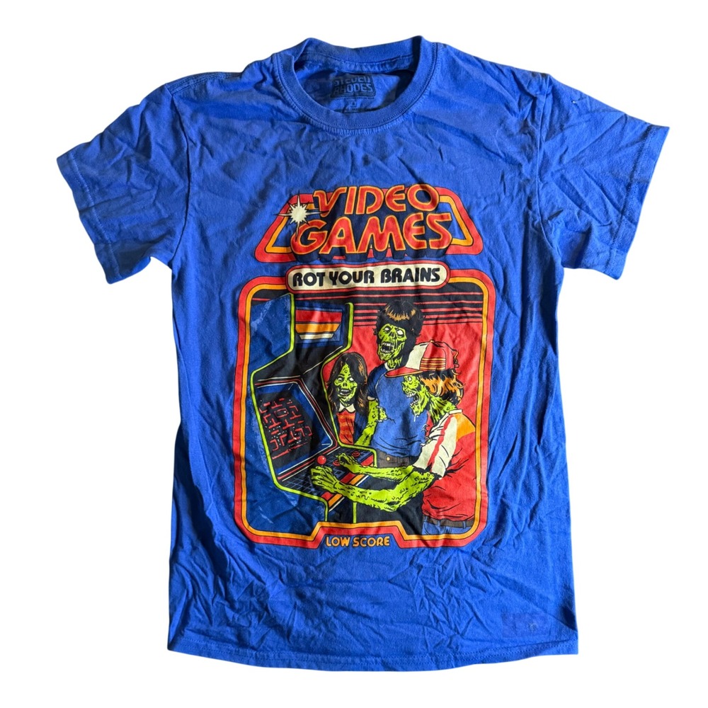 Steven Rhodes Video Games Rot Your Brains T-Shirt Mens Small Blue Retro Zombie